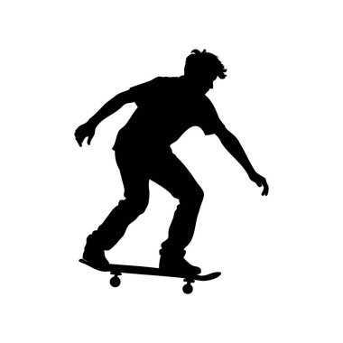 Dinamik bir duruşla kaykay süren bir kaykaycının silueti.