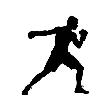 Siyah boks eldivenleriyle yumruk atan atletik bir boksörün silüeti.