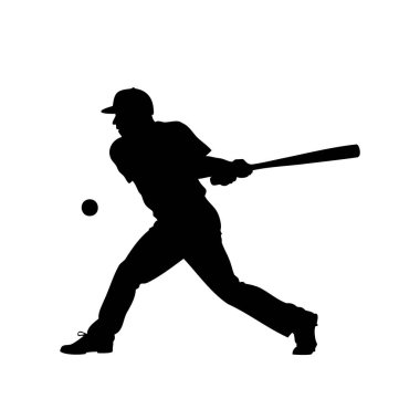 Beyzbol oyuncusunun silueti sopayla topa vuruyor, izole edilmiş.