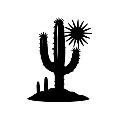 Çöl güneşinin altında beyaz bir saguaro kaktüsünün siyah silueti.