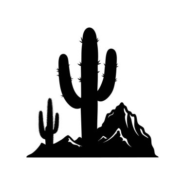 Çöldeki kaktüs bitkilerinden ve dağlardan oluşan siyah bir siluet.
