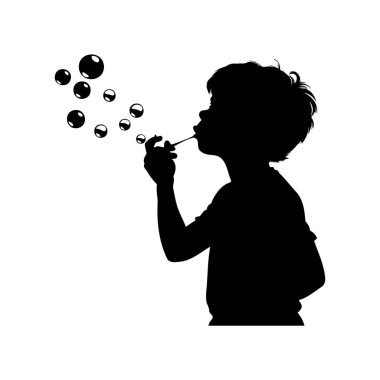 Eğlence ve mutluluk için baloncuk çıkaran bir çocuğun silueti.