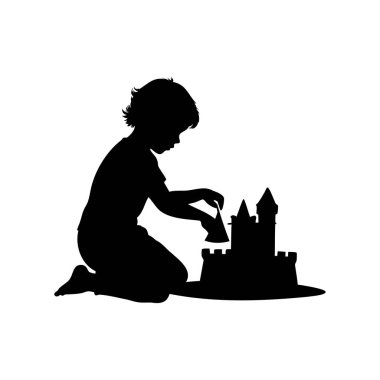 Kumdan kale inşa eden bir çocuğun silueti yaratıcı hayal gücü ve çocukluk eğlencesi sergiliyor.