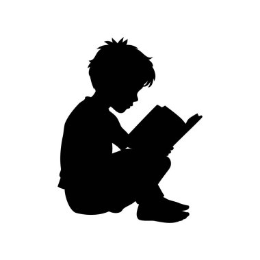 Oturup kitap okuyan bir çocuğun silüeti.