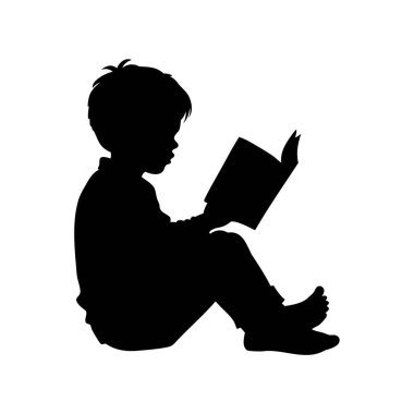 Edebiyata gömülmüş, oturup kitap okuyan bir çocuğun silüeti.