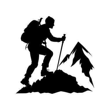 Yürüyüş direkleri ile dağa tırmanan kararlı bir yürüyüşçünün silueti.