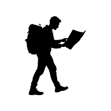 Yürürken Harita okuyan Sırt çantalı Bir Adamın Silueti
