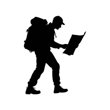 Kaybolan bir yürüyüşçünün siyah silueti yön haritasına danışıyor