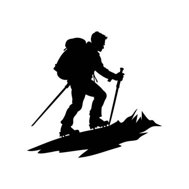 Yürüyüşçü silueti yürüyüş direkleri ve sırt çantasıyla bir dağa tırmanıyor.