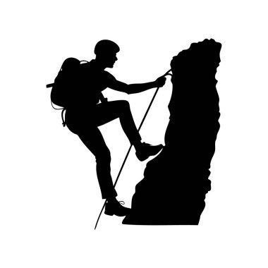 Bir Kaya tırmanıcısının Siyah Silueti Halatla Bir Kaya Yüzüne Yükseliyor