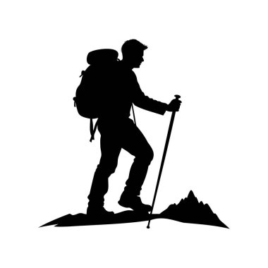 Sırt çantalı bir yürüyüşçünün silueti ve dağdaki bir direğin tepesi.