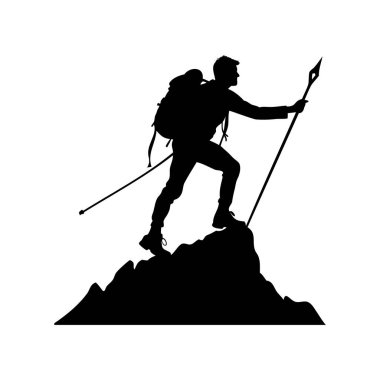 Bir dağcının silueti mızrak ve sırt çantasıyla dağa tırmanıyor.