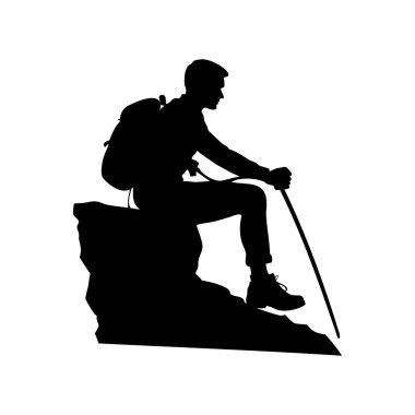 Yürüyüşçünün silueti bir kayanın üzerinde dinleniyor, elinde baston tutuyordu.