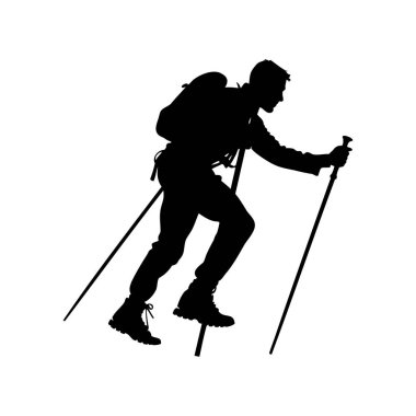 Dağlara tırmanmak için yürüyüş direkleri kullanan bir yürüyüşçünün silüeti.