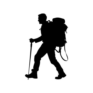 Sırt çantası ve yürüyüş direğiyle yürüyen bir yürüyüşçünün silueti.
