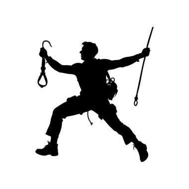 Bir erkek tırmanışçının silueti ipler ve ekipmanlarla bir uçuruma tırmanıyor.