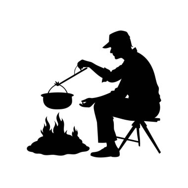 Geleneksel bir çömlekle kamp ateşinde yemek pişiren birinin silueti.