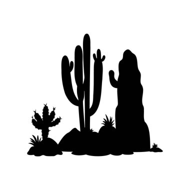 Kaktüs, Kayalar ve Sıska Bitkiler içeren Çöl Manzarası Silueti