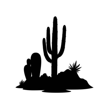 Kaktüs, çimen ve kayalık zemin silueti beyaz arka planda