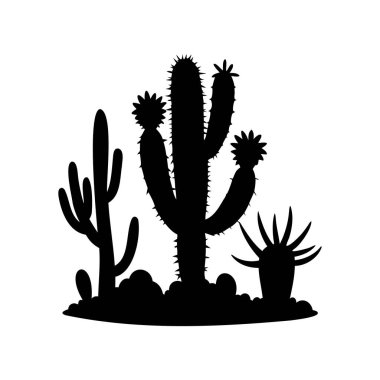 Çöl kumuna siyah üç kaktüs bitkisi silueti.
