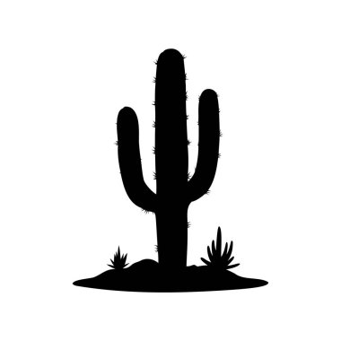 Beyaz arka planda daha küçük bitkileri olan bir Saguaro Kaktüsünün silueti.