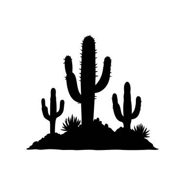 Çöl sahnesinin siyah silueti, kaktüs ve diğer bitkiler beyaz üzerine.