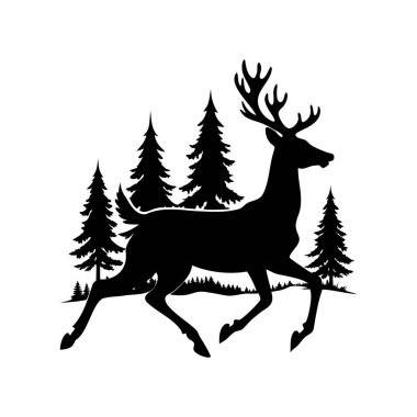 Kış ormanında koşan bir geyiğin görkemli siyah silueti.