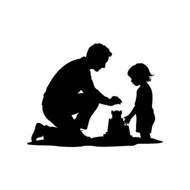 Baba ve çocuğun silueti kumdan kale inşa ediyor, mutlu anılar.