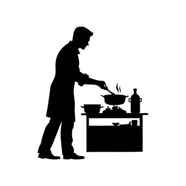 Tavada yemek pişiren, ocağın yanında duran bir şefin silüeti.