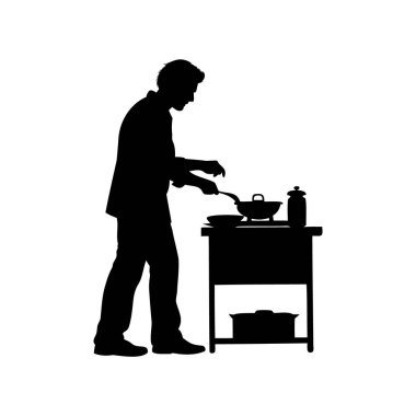 Mutfak masasında değişik tencerelerle yemek pişiren bir adamın silüeti.