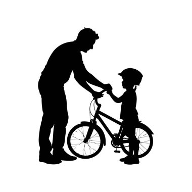 Baba çocuğa siluet tarzında bisiklet sürmeyi öğretiyor.