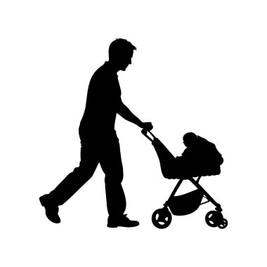 İçinde bebek olan bir bebek arabasını iten bir babanın silüeti.