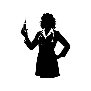 Elinde şırınga tutan kararlı bir kadın doktorun silüeti, aşılamaya hazır.