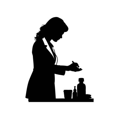 Takım elbiseli, tıbbı hazırlayan ya da muayene eden bir kadının silüeti.