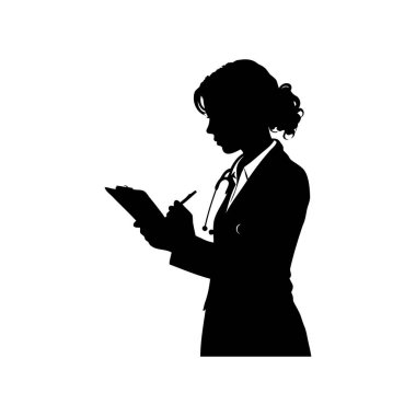 Kadın bir doktorun silueti siyah beyaz bir panoya yazı yazıyor.