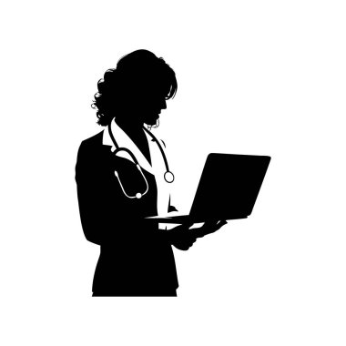 Tıbbi analiz için dizüstü bilgisayar kullanan odaklı bir doktorun silueti.