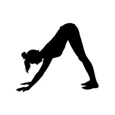 Bir kadının silueti aşağı bakan köpek yogası pozu veriyor.