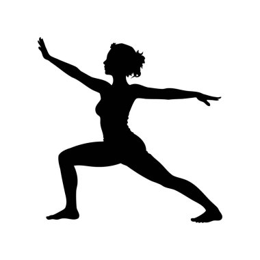 Beyaz arka planda Savaşçı İki Yoga Pozu uygulayan bir kadının silueti.