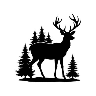 Görkemli Geyik Silueti Ormandaki Evergreen Ağaçlarının Ortasında Duruyor