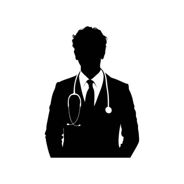 Steteskoplu takım elbise giyen bir doktorun silüeti.