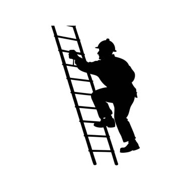 Güvenlik kaskı ve kıyafetleriyle merdivene tırmanan işçilerin silueti.