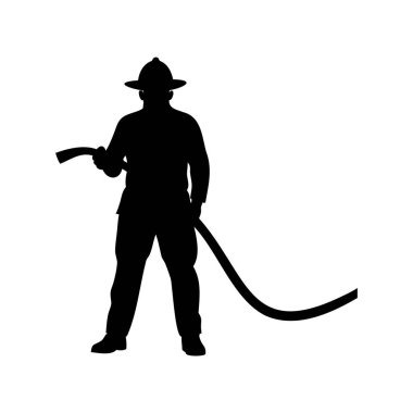 Beyaz arka planda izole edilmiş yangın hortumu tutan bir itfaiyecinin silueti.