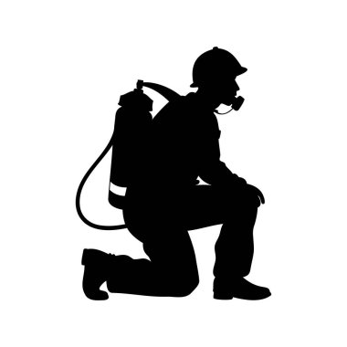 Diz çökmüş bir itfaiyecinin silueti Solunum Cihazı takıyor, kurtarmaya hazır.