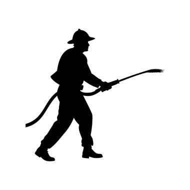 Alevleri söndürmeye hazır hortum tutan bir itfaiyecinin silueti.