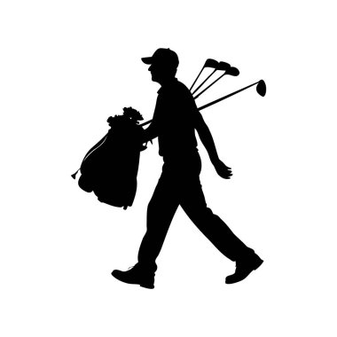 Golf sopaları taşıyan bir adamın silueti ve Beyaz Arkaplanda Çanta