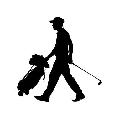 Beyaz Arkaplanda Çanta ve Kulüple Yürüyen Bir Golfçünün Silueti