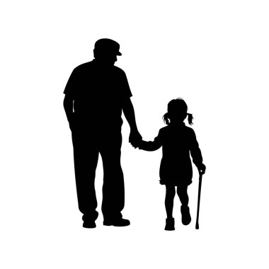 Bir Nesil Yürüyüşü Büyükbaba ve Torunun Siyah Silueti Birlikte