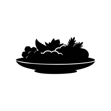 Bir tepsi meyvenin siyah silueti, yeşiller ve sebzeler beyaz üzerine