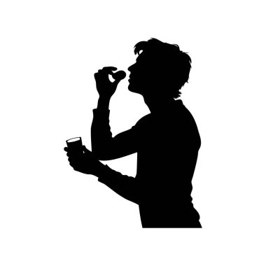 Bir bardak su tutarken hap yutan bir adamın silüeti.