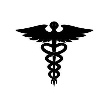 Beyaz arka planda siyah siluet biçiminde tıbbi caduceus sembolü